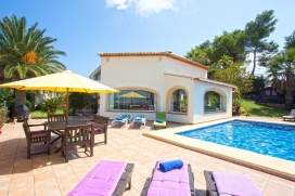 Luxury holiday rental villa with private pool for rent on the Costa Blanca for up to 8 persons. Very spacious and beautiful villa in Spain, with a wonderful view over the bay of Javea and the "Montgo" mountain. The villa is surrounded by a , Javea
